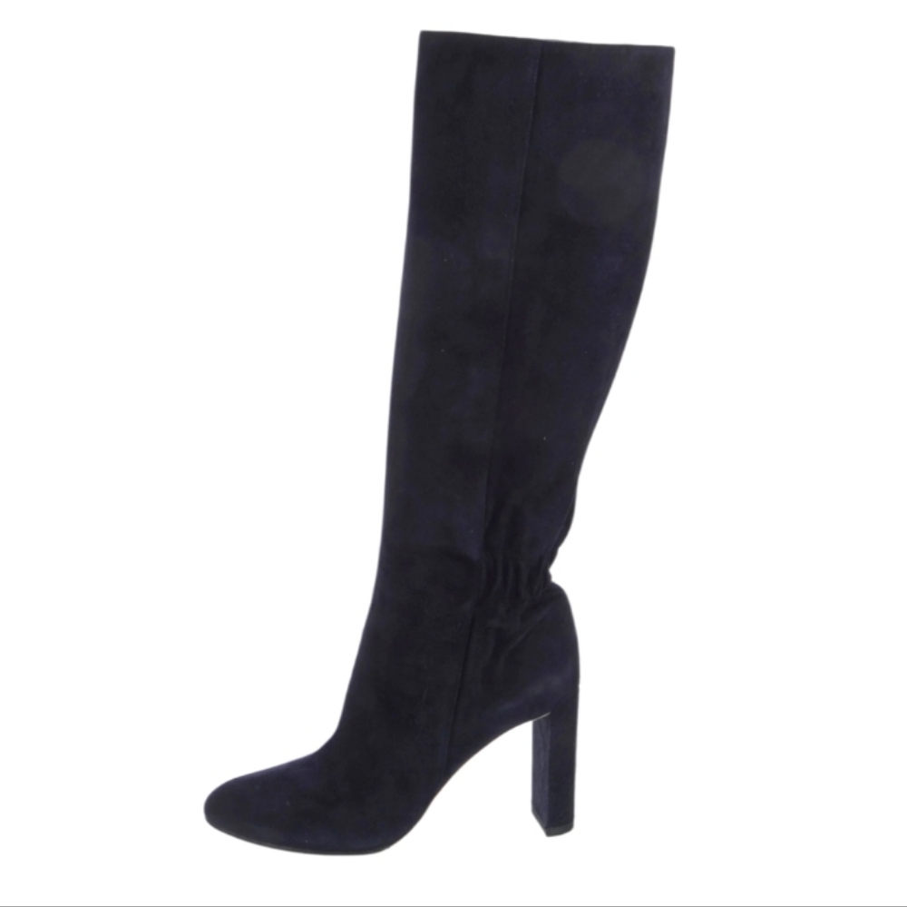 Christian Dior Suede Knee High Boots Blue 39.5 US 9.5 Block Heel CD Logo Zip - Picture 7 of 12